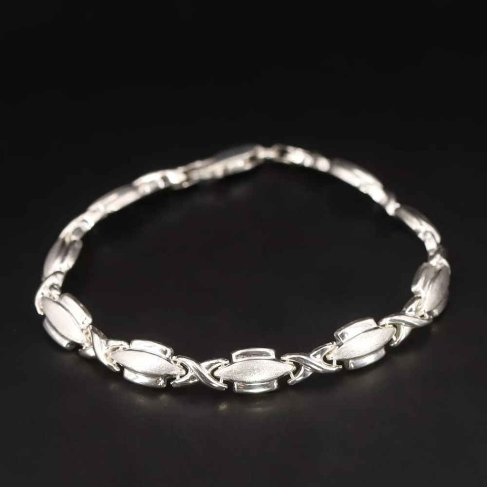 Sterling Silver 925 DESIGNER 6mm Textured XOXO Link 7" Tennis Bracelet 6.5g 🩶🤍